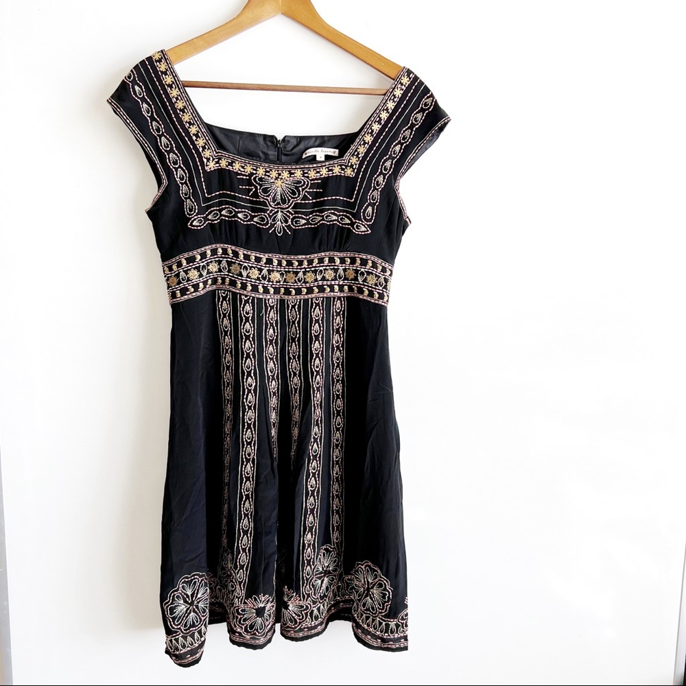 Nanette Lepore Black Silk Fit And Flare Embroidered Beaded Dress Size 4 Mini